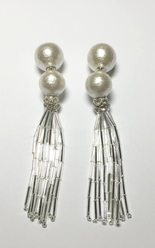 EP-01     White cotton pearls, glass beaded tassels
