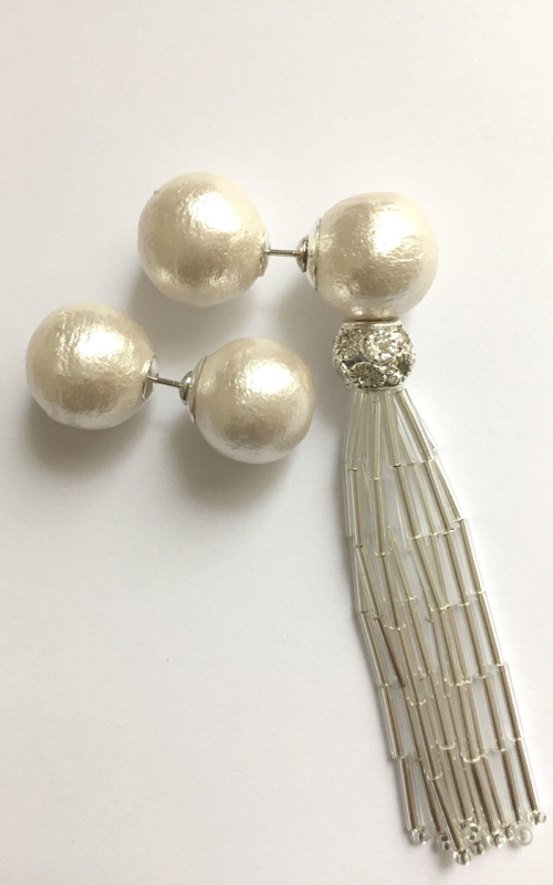 EP-02     White cotton pearls, glass beaded tassels